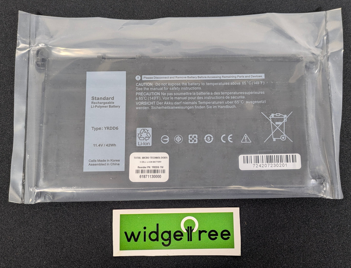 Total Micro Dell 3-Cell Li-Polymer 42WHr 11.4V Laptop Battery - YRDD6-TM / Used