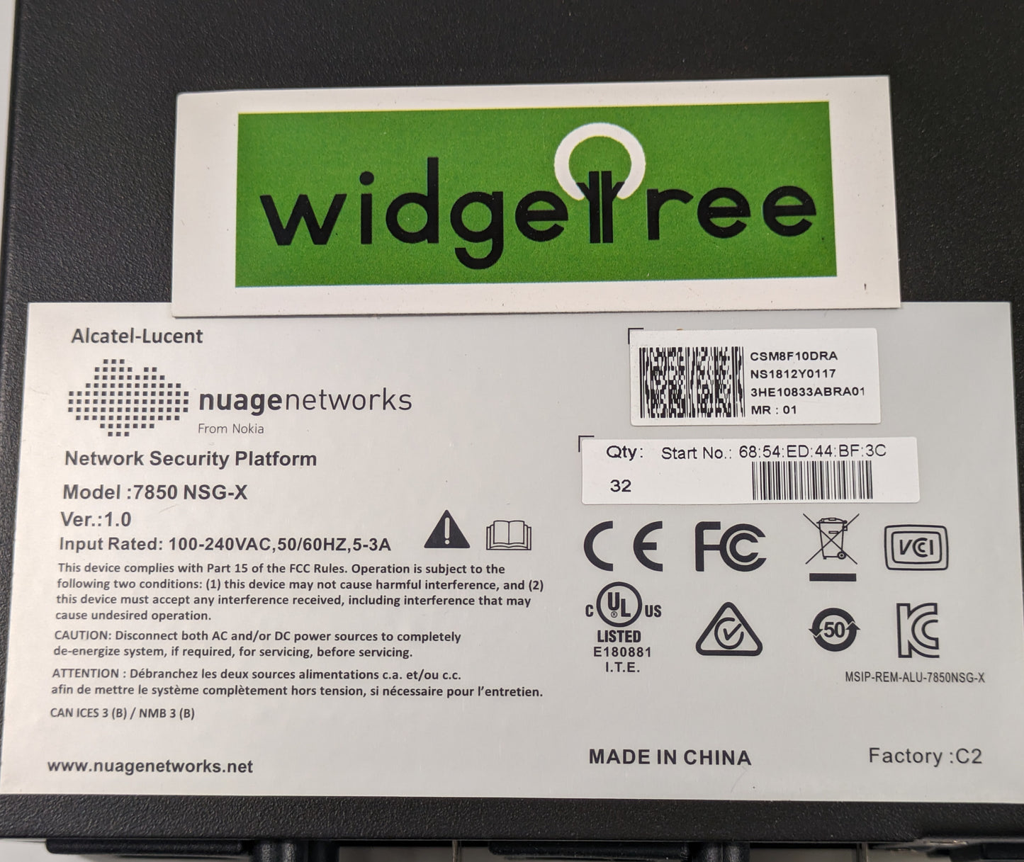 Nuage Networks 7850 NSG-X 2SFP+ 4F Gateway Device - 3HE10833ABRA01 / Used